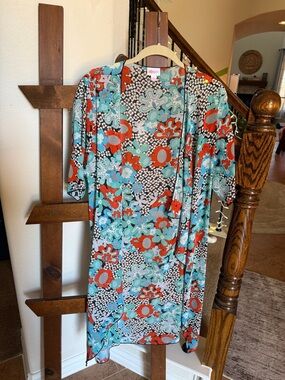 LuLaRoe Floral Open-Front Swim Coverup - Aqua & Red